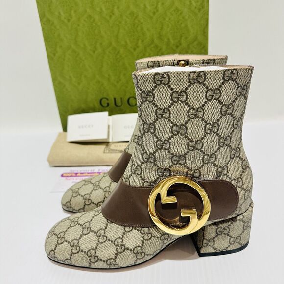 Gucci Blondie Interlocking GG Supreme US 6.5 Bootie Brown Canvas Boots NIB - Picture 5 of 12